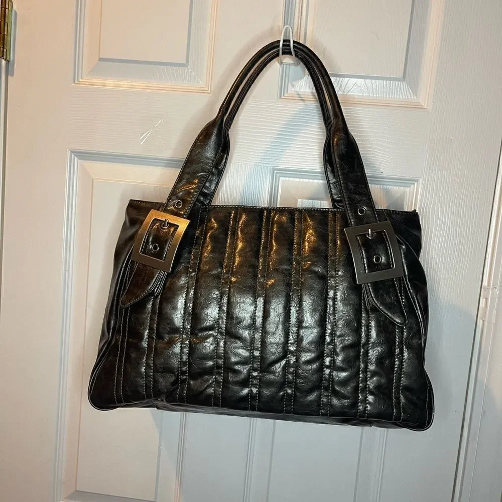 Shiralea metallic grayish bronze quilted faux leather large shoulder bag .